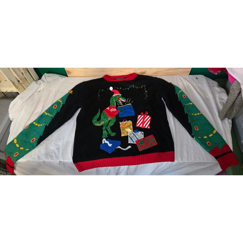 33 Degrees Mens Ugly Christmas Sweater Black Dinosaur T-Rex Tree Sleeves Large
